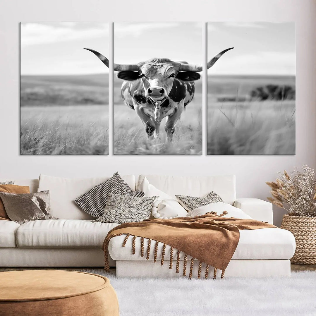 A set of Texas Cow Longhorn Wall Art Canvas Prints is displayed, adding a touch of rustic farmhouse décor.