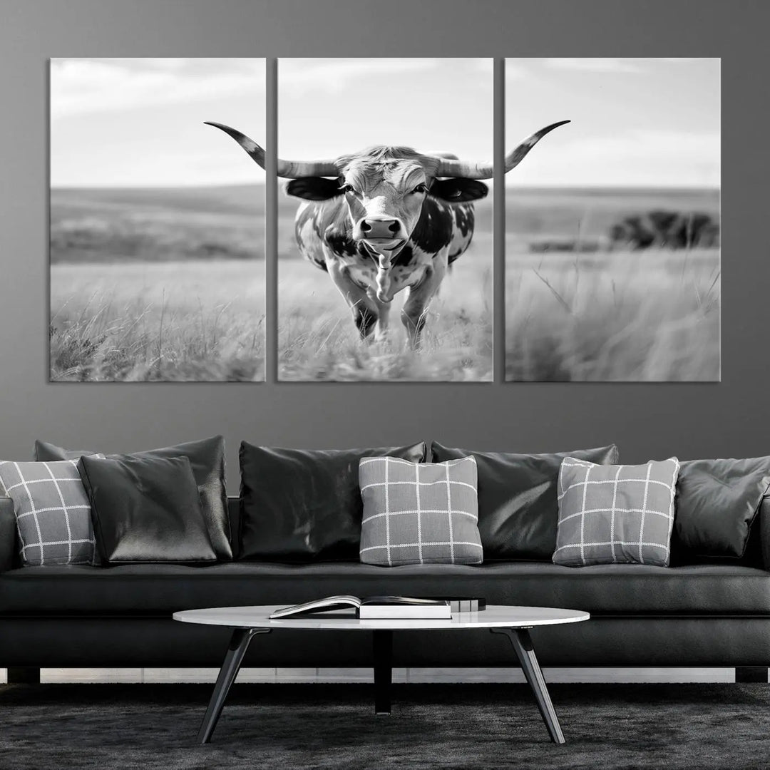 A set of Texas Cow Longhorn Wall Art Canvas Prints is displayed, adding a touch of rustic farmhouse décor.