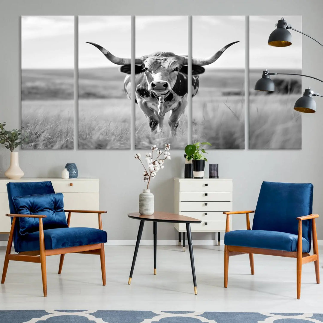 A set of Texas Cow Longhorn Wall Art Canvas Prints is displayed, adding a touch of rustic farmhouse décor.