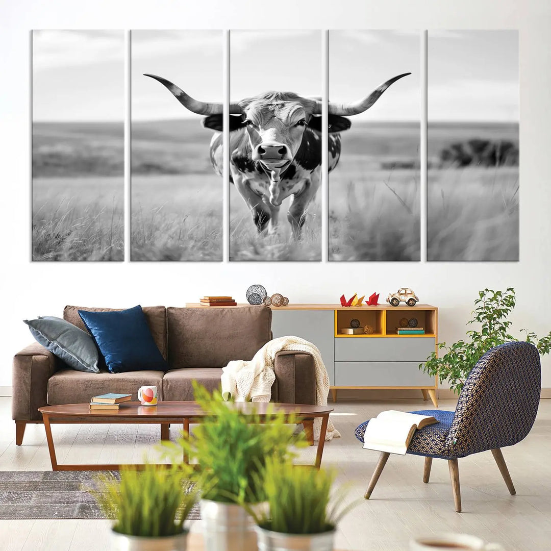 A set of Texas Cow Longhorn Wall Art Canvas Prints is displayed, adding a touch of rustic farmhouse décor.