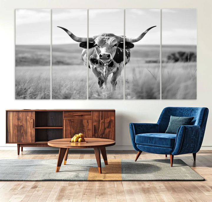 A set of Texas Cow Longhorn Wall Art Canvas Prints is displayed, adding a touch of rustic farmhouse décor.