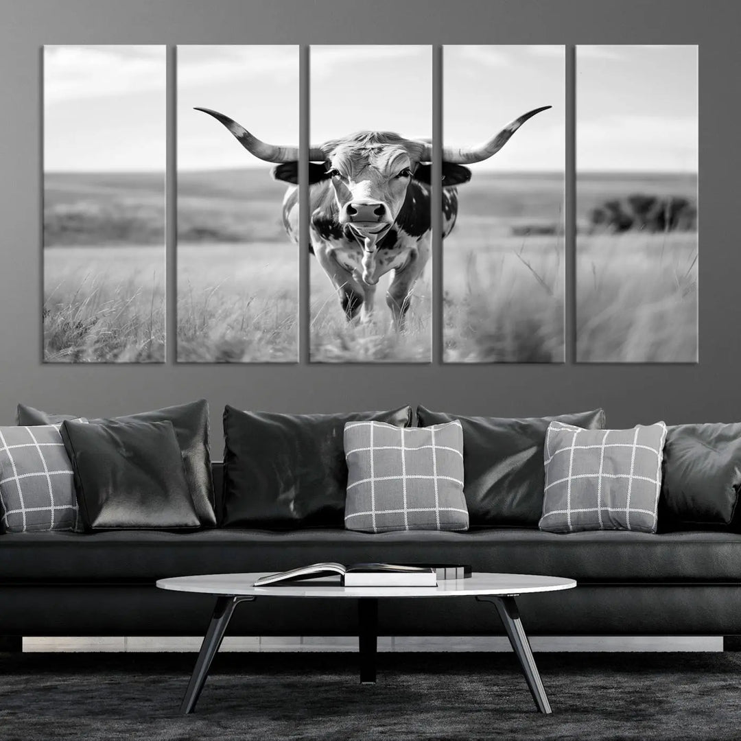 A set of Texas Cow Longhorn Wall Art Canvas Prints is displayed, adding a touch of rustic farmhouse décor.