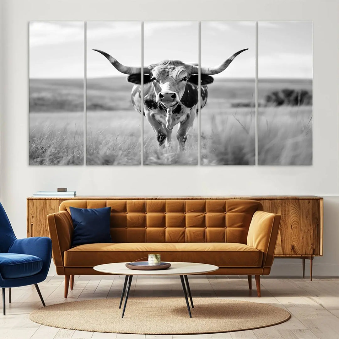 A set of Texas Cow Longhorn Wall Art Canvas Prints is displayed, adding a touch of rustic farmhouse décor.