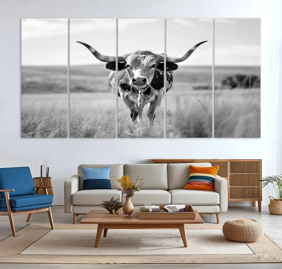 A set of Texas Cow Longhorn Wall Art Canvas Prints is displayed, adding a touch of rustic farmhouse décor.