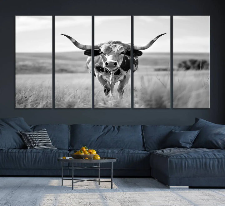 A set of Texas Cow Longhorn Wall Art Canvas Prints is displayed, adding a touch of rustic farmhouse décor.