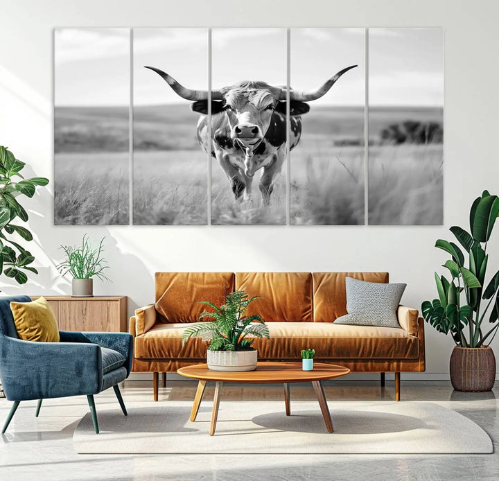 A set of Texas Cow Longhorn Wall Art Canvas Prints is displayed, adding a touch of rustic farmhouse décor.