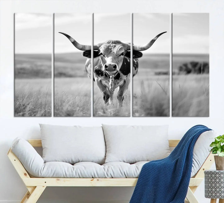 A set of Texas Cow Longhorn Wall Art Canvas Prints is displayed, adding a touch of rustic farmhouse décor.