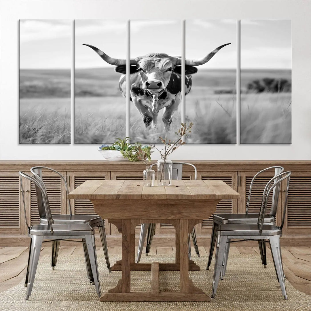 A set of Texas Cow Longhorn Wall Art Canvas Prints is displayed, adding a touch of rustic farmhouse décor.