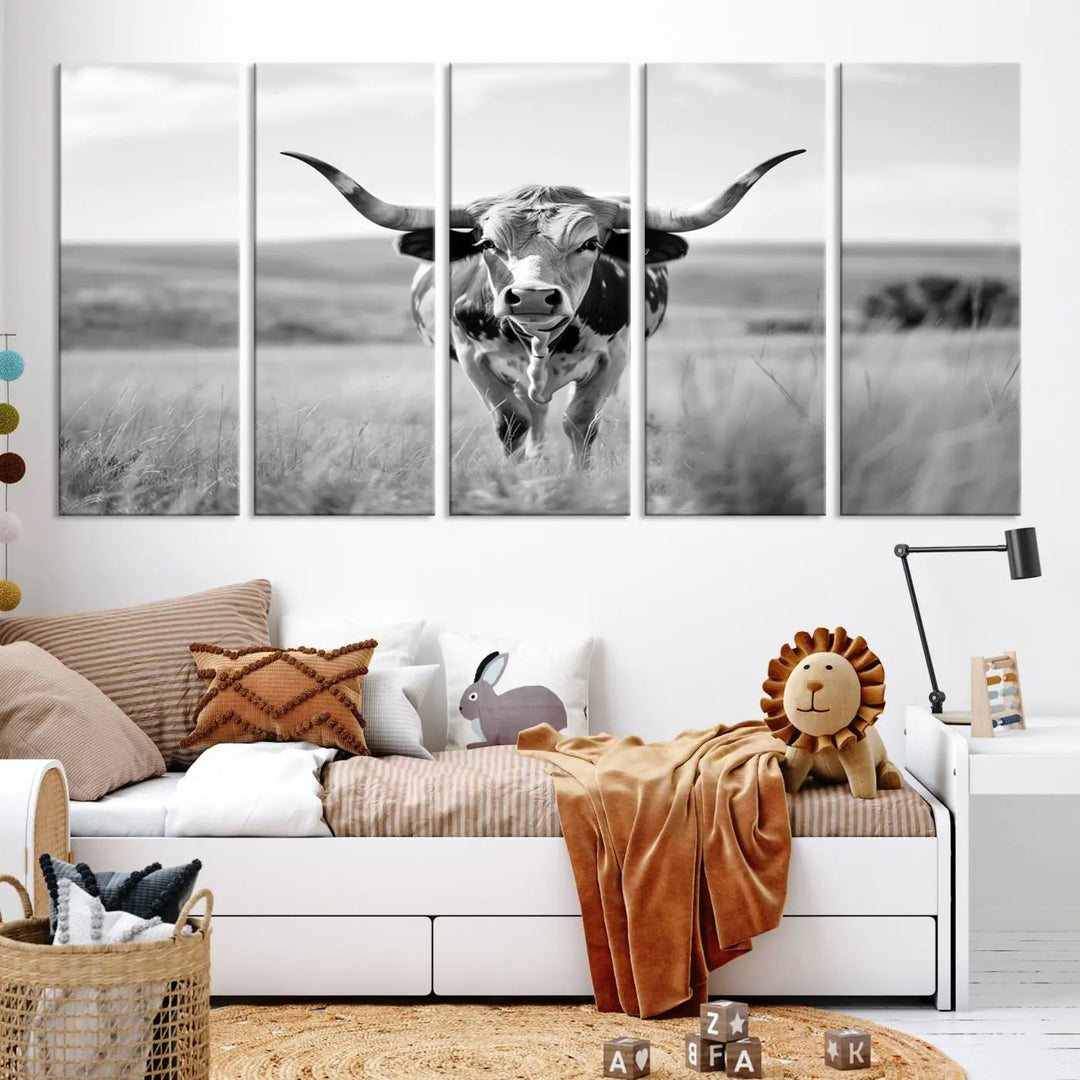 A set of Texas Cow Longhorn Wall Art Canvas Prints is displayed, adding a touch of rustic farmhouse décor.