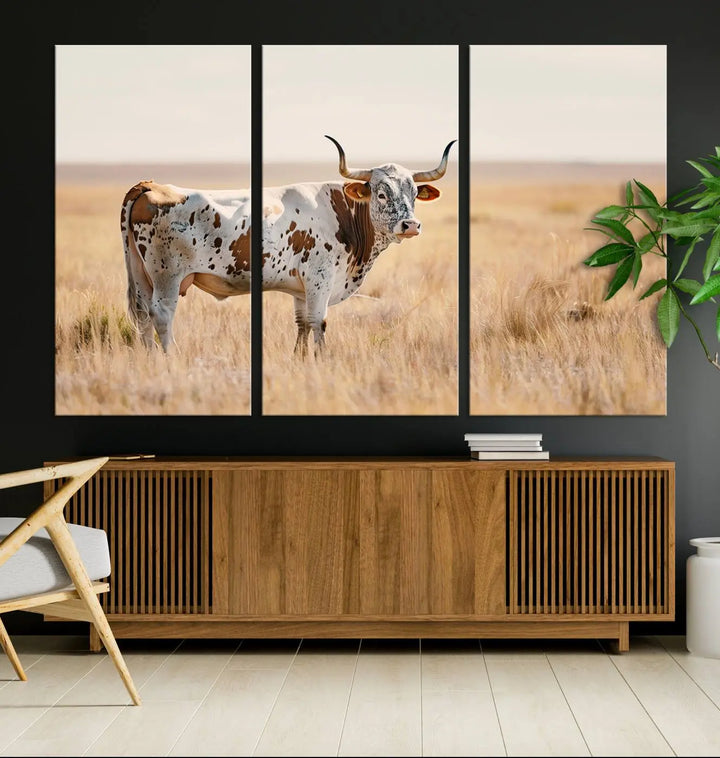 Texas Cow Longhorn Wall Art Canvas Print, capturing a Western-style aesthetic.