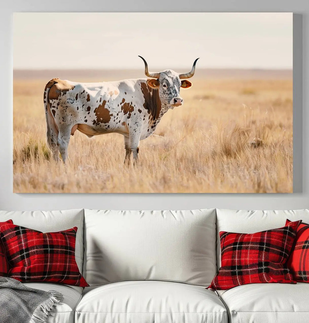 Texas Cow Longhorn Wall Art Canvas Print, capturing a Western-style aesthetic.