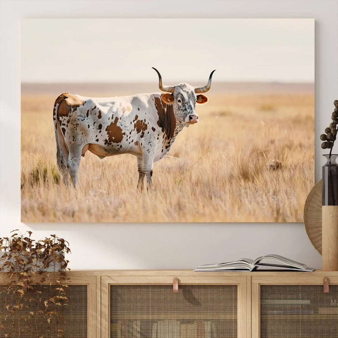 Texas Cow Longhorn Wall Art Canvas Print, capturing a Western-style aesthetic.