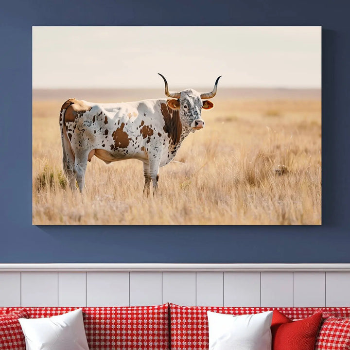 Texas Cow Longhorn Wall Art Canvas Print, capturing a Western-style aesthetic.