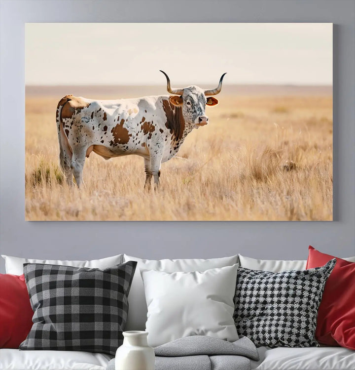 Texas Cow Longhorn Wall Art Canvas Print, capturing a Western-style aesthetic.