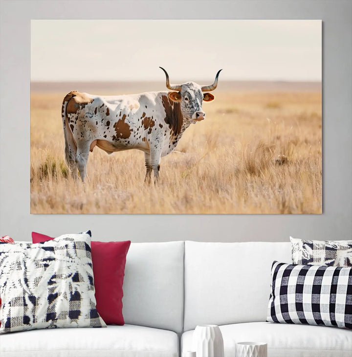 Texas Cow Longhorn Wall Art Canvas Print, capturing a Western-style aesthetic.