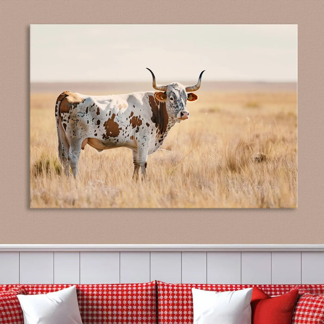 Texas Cow Longhorn Wall Art Canvas Print, capturing a Western-style aesthetic.