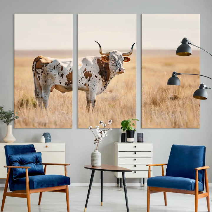 Texas Cow Longhorn Wall Art Canvas Print, capturing a Western-style aesthetic.