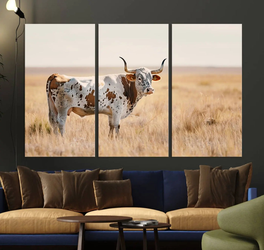 Texas Cow Longhorn Wall Art Canvas Print, capturing a Western-style aesthetic.