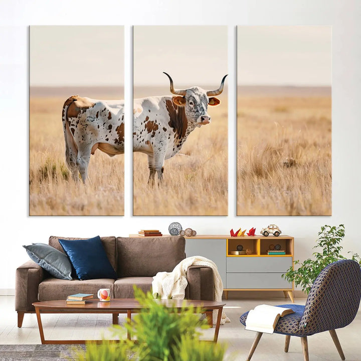 Texas Cow Longhorn Wall Art Canvas Print, capturing a Western-style aesthetic.