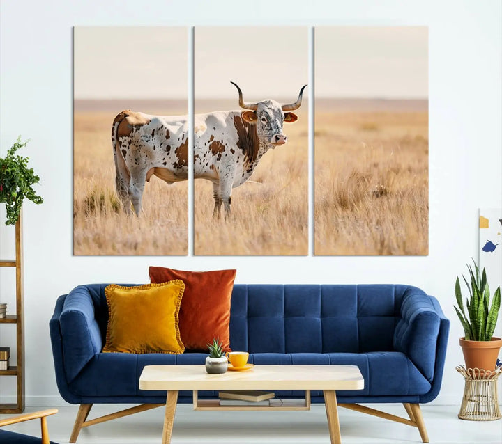 Texas Cow Longhorn Wall Art Canvas Print, capturing a Western-style aesthetic.