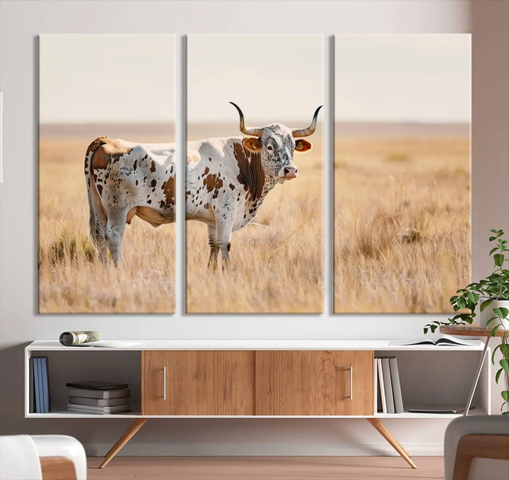 Texas Cow Longhorn Wall Art Canvas Print, capturing a Western-style aesthetic.