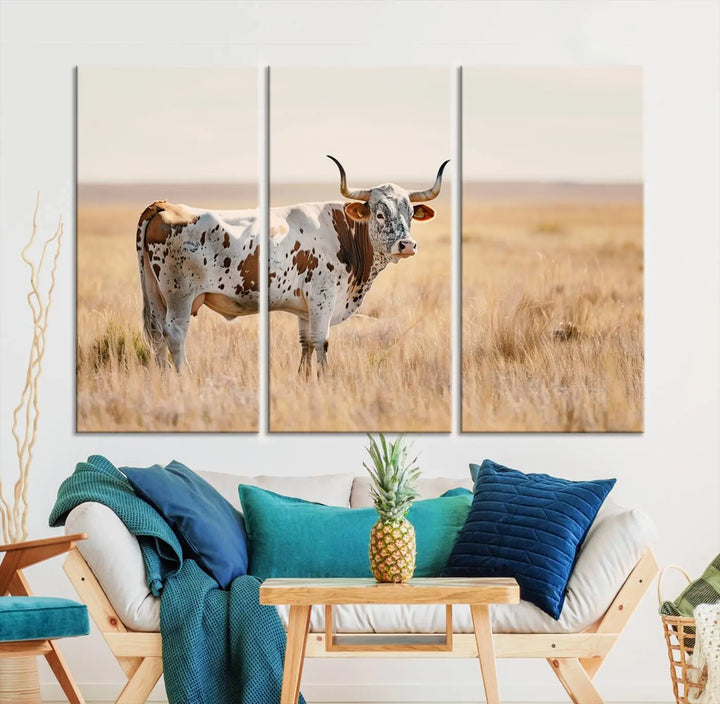 Texas Cow Longhorn Wall Art Canvas Print, capturing a Western-style aesthetic.