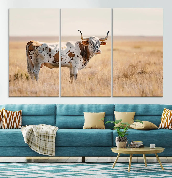 Texas Cow Longhorn Wall Art Canvas Print, capturing a Western-style aesthetic.