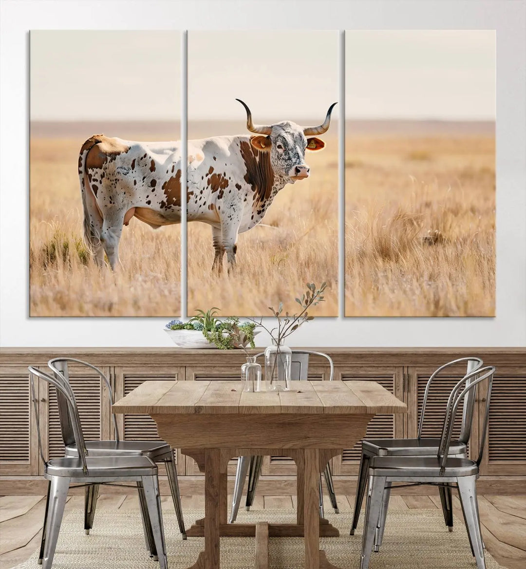 Texas Cow Longhorn Wall Art Canvas Print, capturing a Western-style aesthetic.