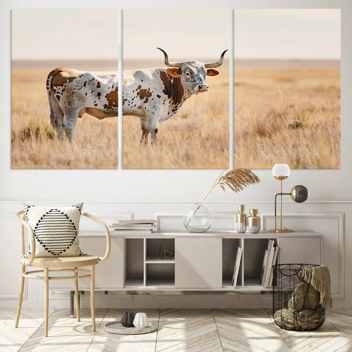 Texas Cow Longhorn Wall Art Canvas Print, capturing a Western-style aesthetic.