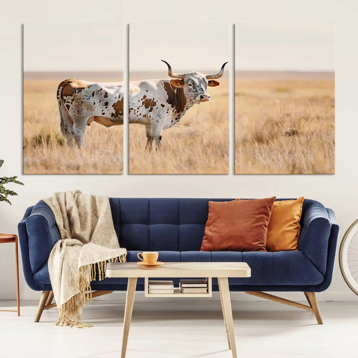 Texas Cow Longhorn Wall Art Canvas Print, capturing a Western-style aesthetic.