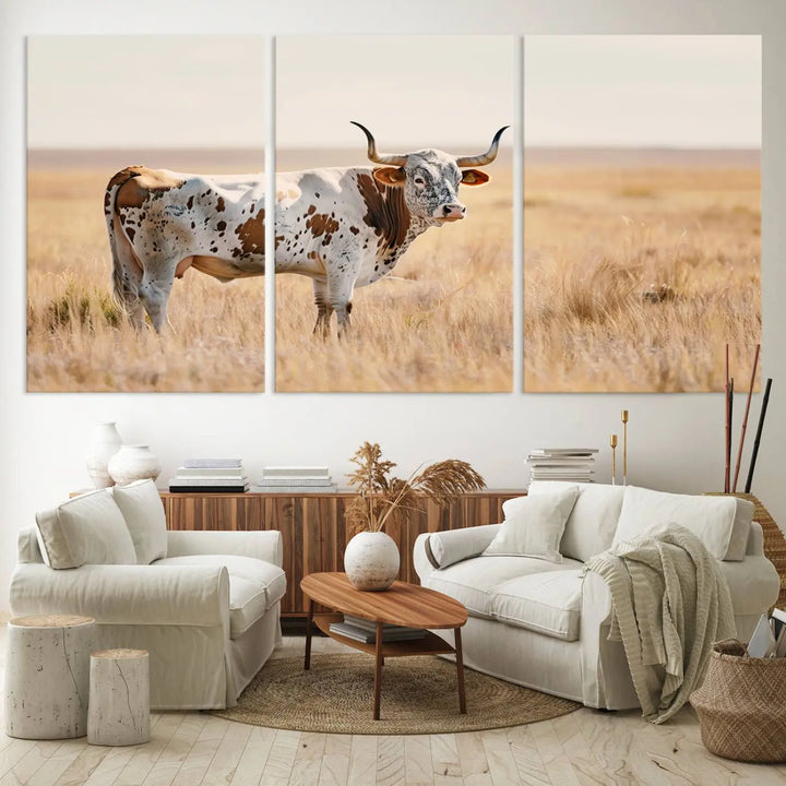 Texas Cow Longhorn Wall Art Canvas Print, capturing a Western-style aesthetic.