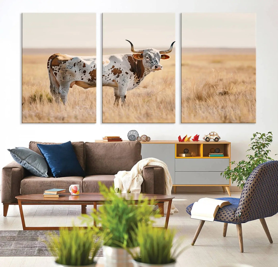 Texas Cow Longhorn Wall Art Canvas Print, capturing a Western-style aesthetic.