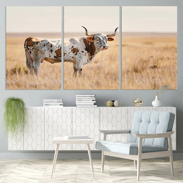 Texas Cow Longhorn Wall Art Canvas Print, capturing a Western-style aesthetic.