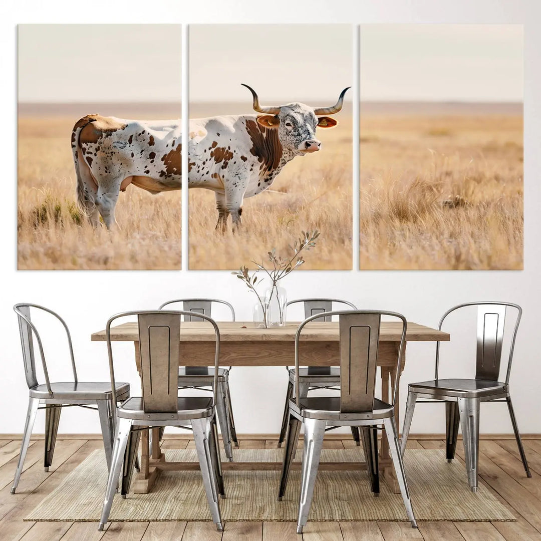 Texas Cow Longhorn Wall Art Canvas Print, capturing a Western-style aesthetic.