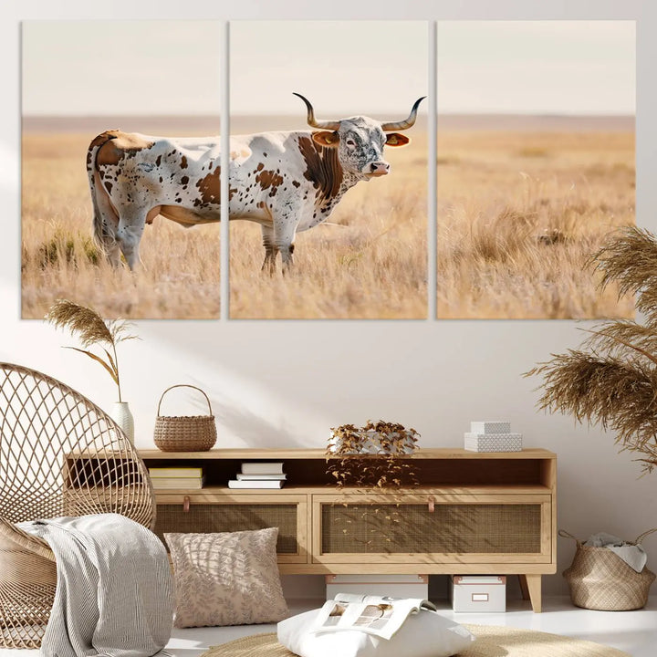 Texas Cow Longhorn Wall Art Canvas Print, capturing a Western-style aesthetic.