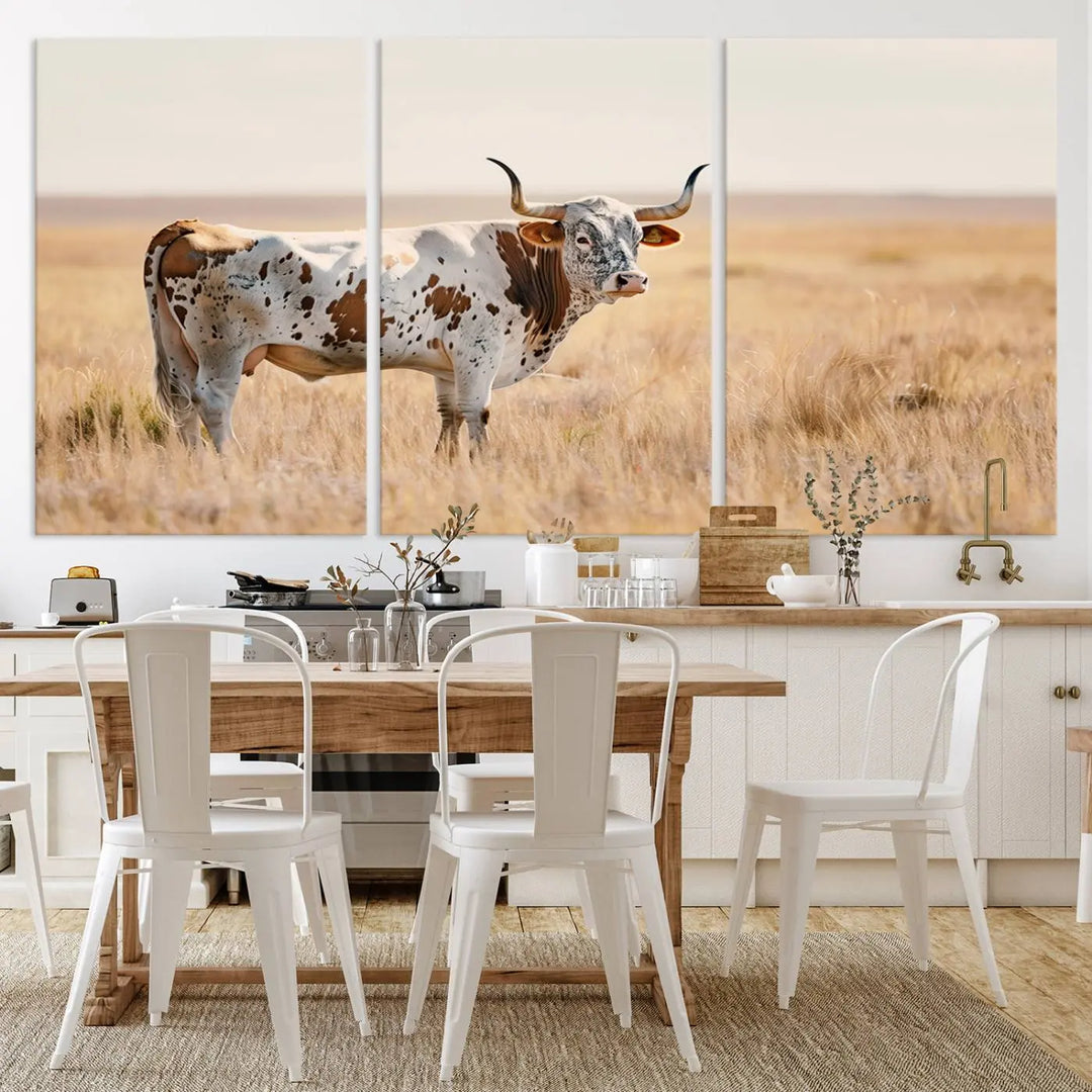 Texas Cow Longhorn Wall Art Canvas Print, capturing a Western-style aesthetic.