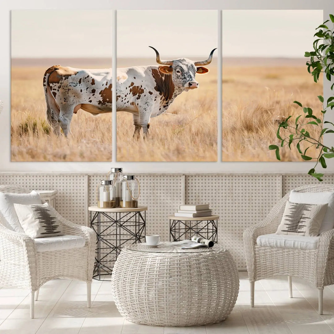 Texas Cow Longhorn Wall Art Canvas Print, capturing a Western-style aesthetic.