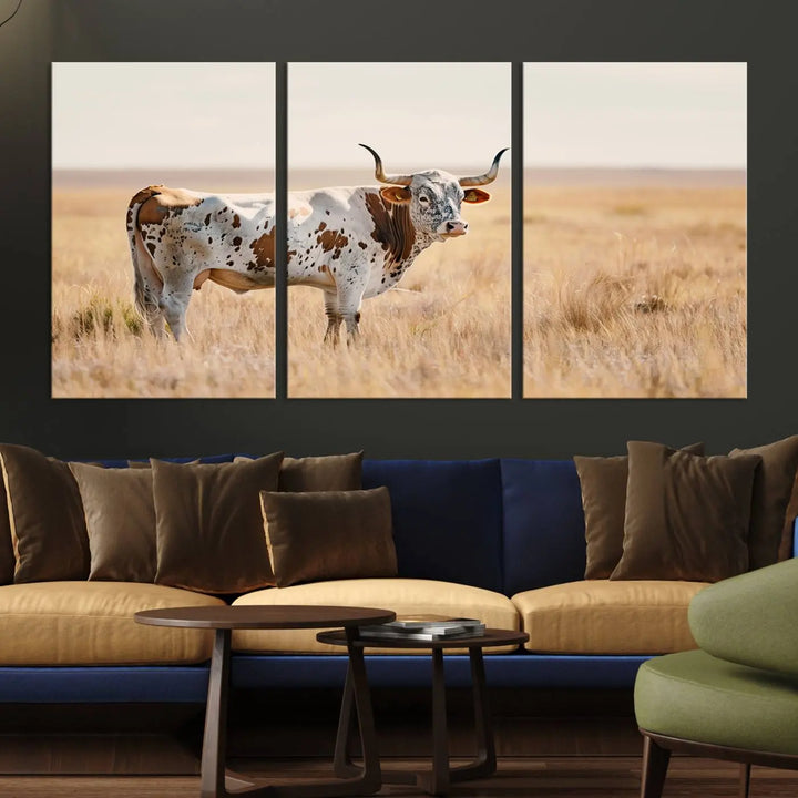 Texas Cow Longhorn Wall Art Canvas Print, capturing a Western-style aesthetic.