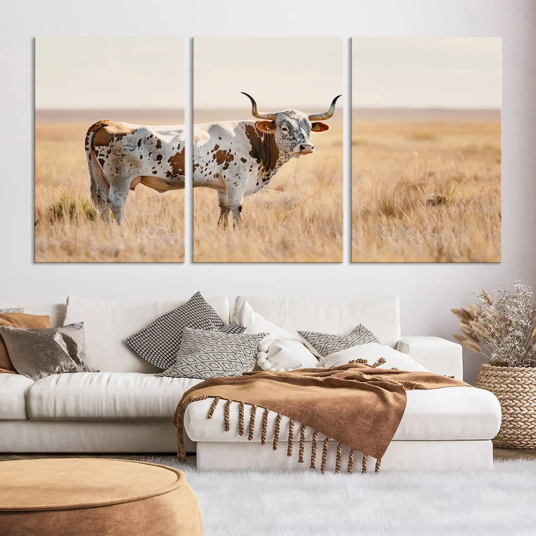 Texas Cow Longhorn Wall Art Canvas Print, capturing a Western-style aesthetic.