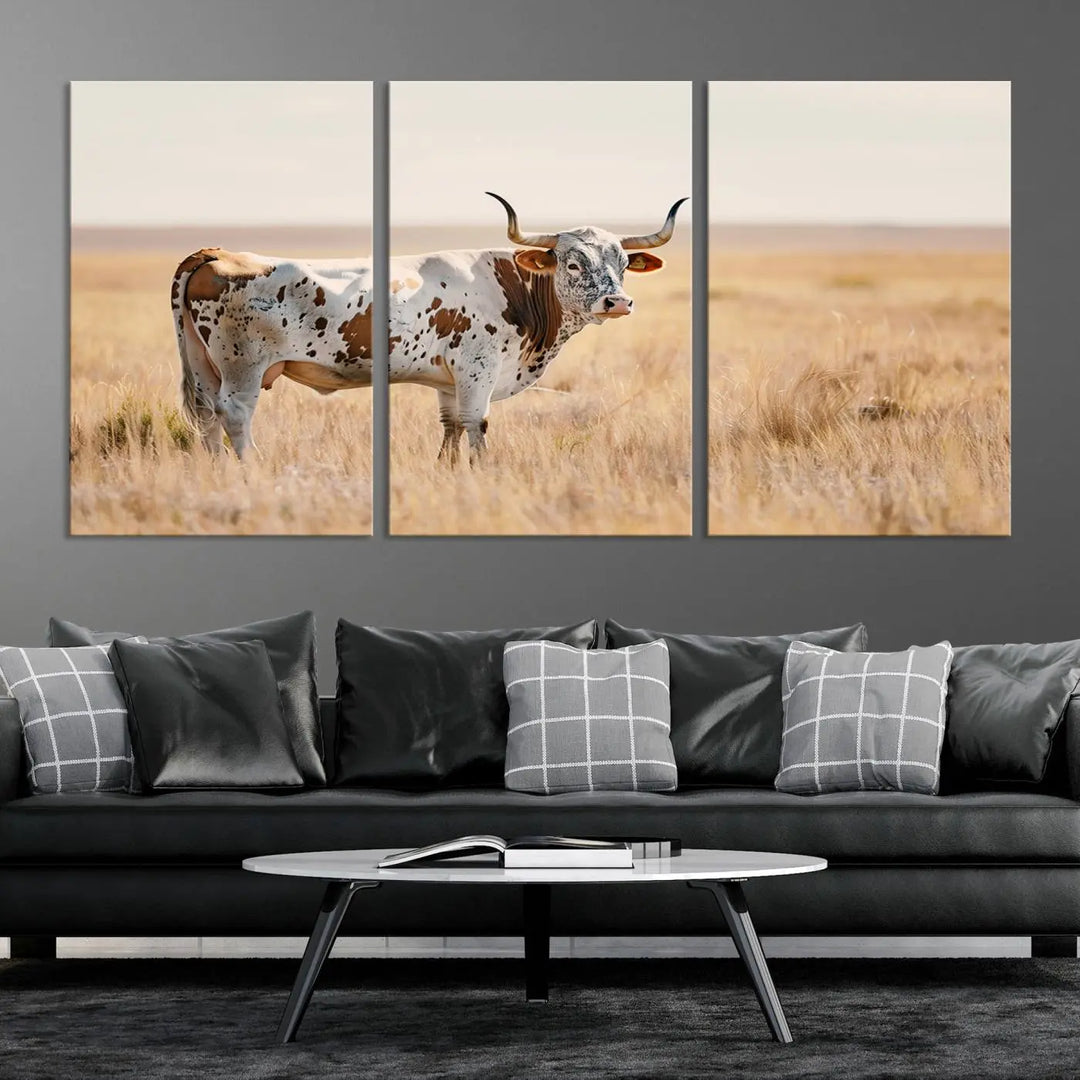 Texas Cow Longhorn Wall Art Canvas Print, capturing a Western-style aesthetic.