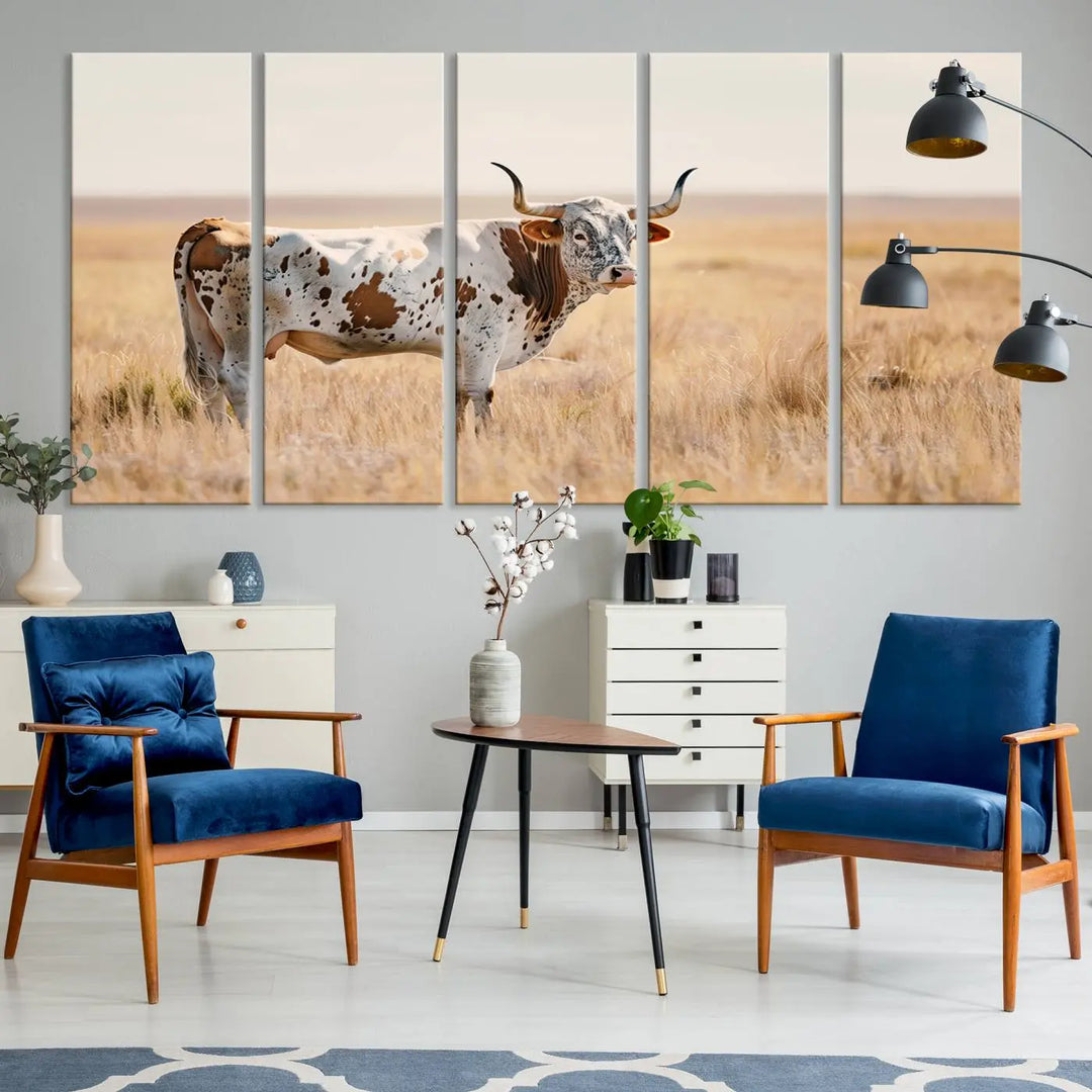 Texas Cow Longhorn Wall Art Canvas Print, capturing a Western-style aesthetic.