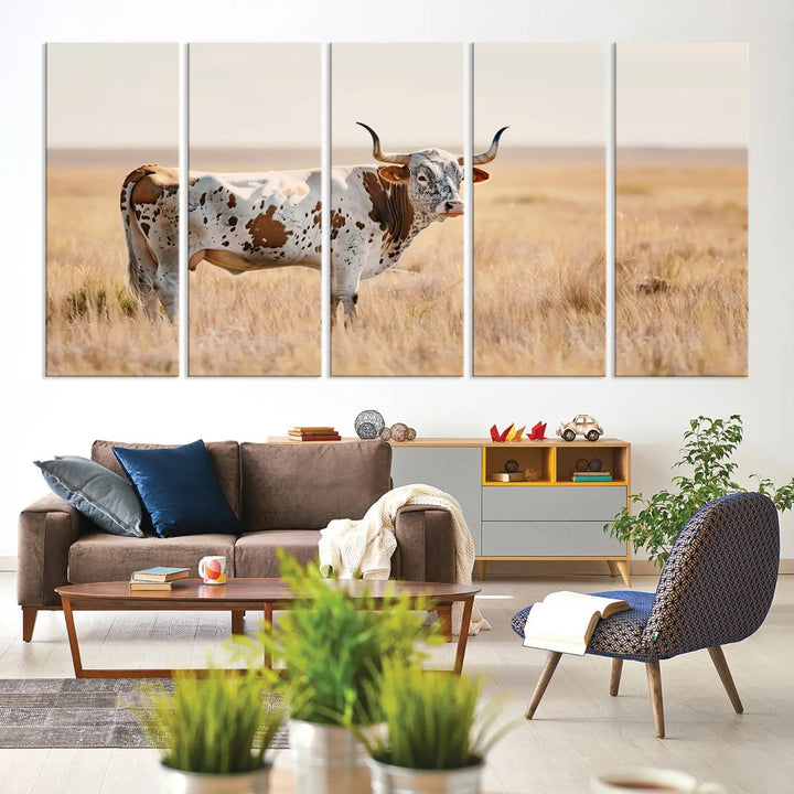 Texas Cow Longhorn Wall Art Canvas Print, capturing a Western-style aesthetic.