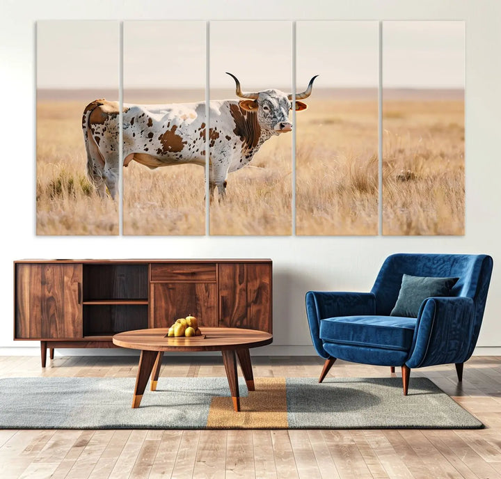 Texas Cow Longhorn Wall Art Canvas Print, capturing a Western-style aesthetic.