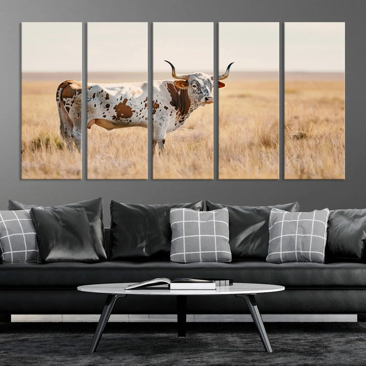 Texas Cow Longhorn Wall Art Canvas Print, capturing a Western-style aesthetic.