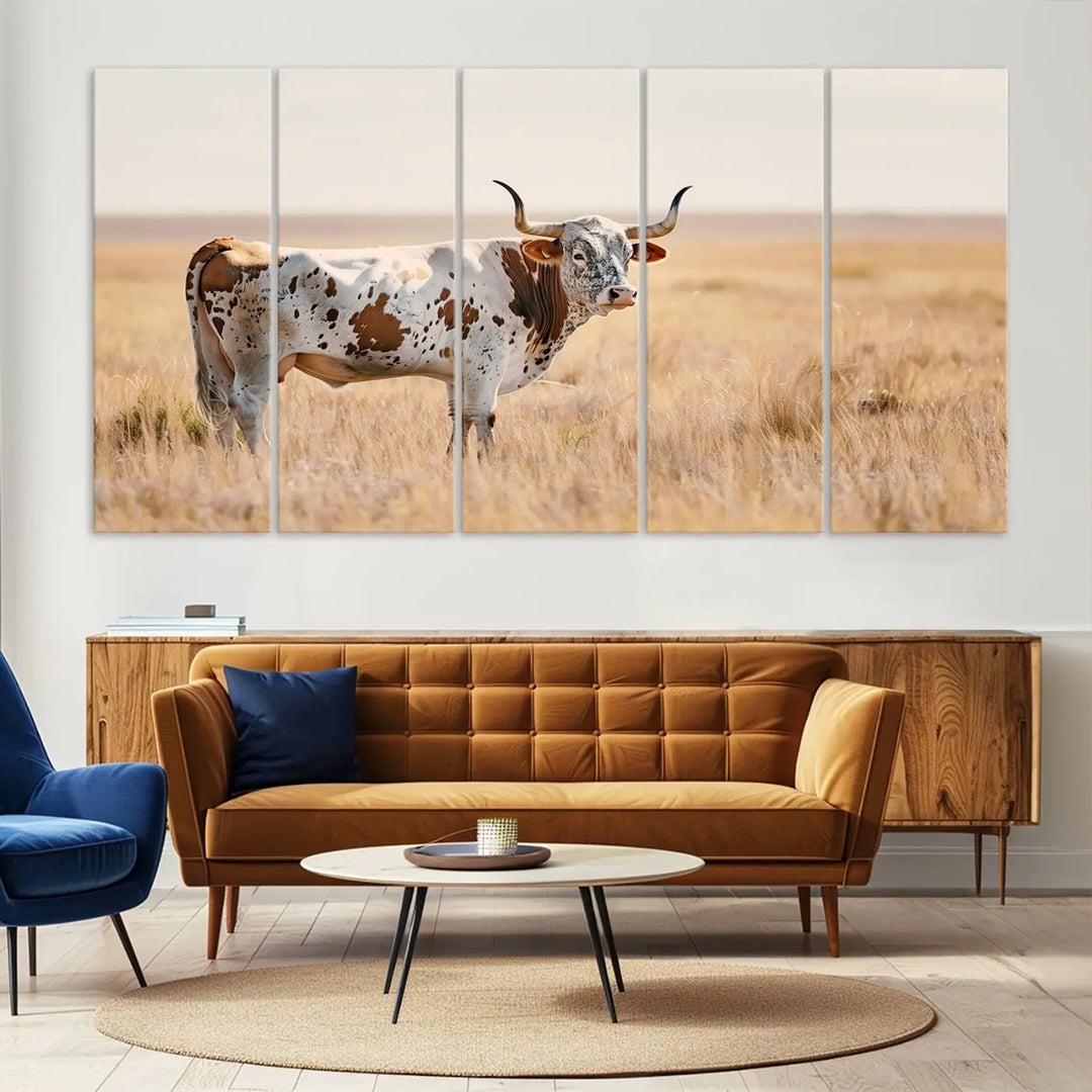 Texas Cow Longhorn Wall Art Canvas Print, capturing a Western-style aesthetic.