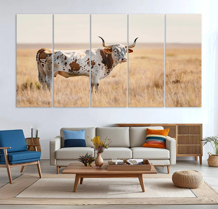 Texas Cow Longhorn Wall Art Canvas Print, capturing a Western-style aesthetic.