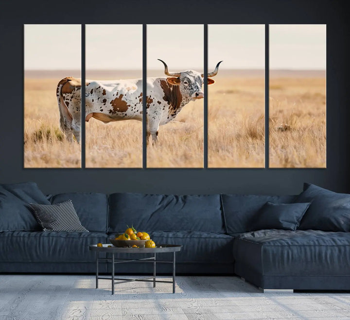 Texas Cow Longhorn Wall Art Canvas Print, capturing a Western-style aesthetic.