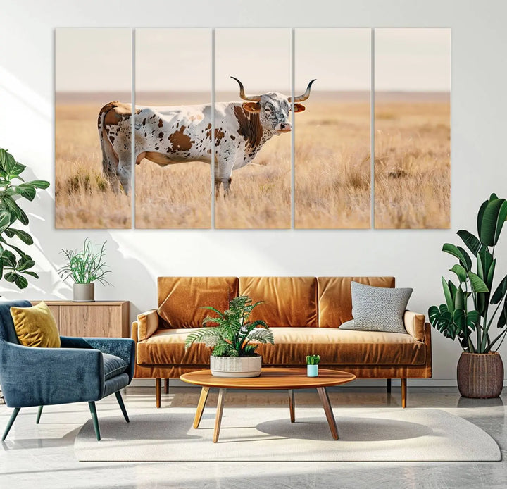 Texas Cow Longhorn Wall Art Canvas Print, capturing a Western-style aesthetic.