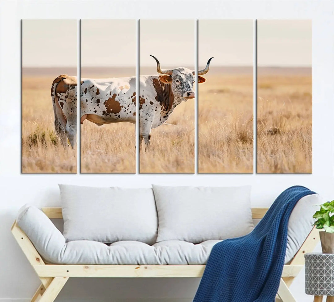 Texas Cow Longhorn Wall Art Canvas Print, capturing a Western-style aesthetic.