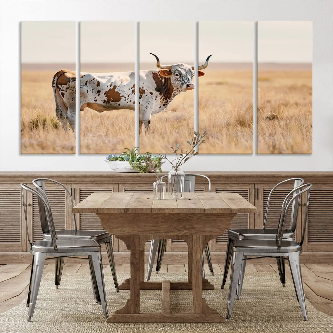 Texas Cow Longhorn Wall Art Canvas Print, capturing a Western-style aesthetic.